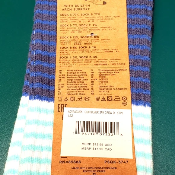 2 Pairs of Quicksilver Crew Socks - Picture 3 of 4